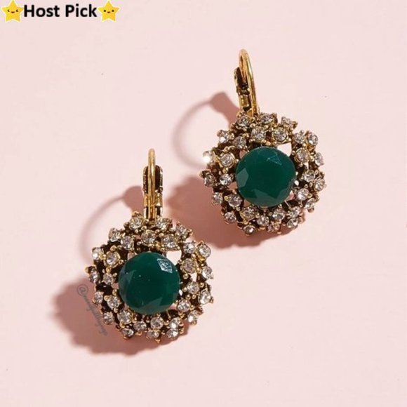 None Jewelry - Boho Ethnic Emerald Green Crystal Rhinestones Flower Drop Lever Back Earrings